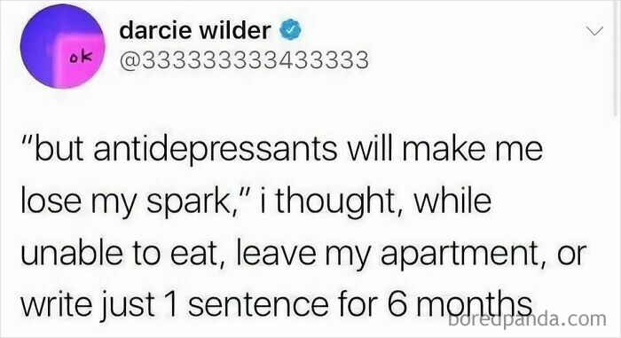 Screenshot of a tweet about struggling with antidepressants and mental health, fitting funny pics for mental breakdowns.