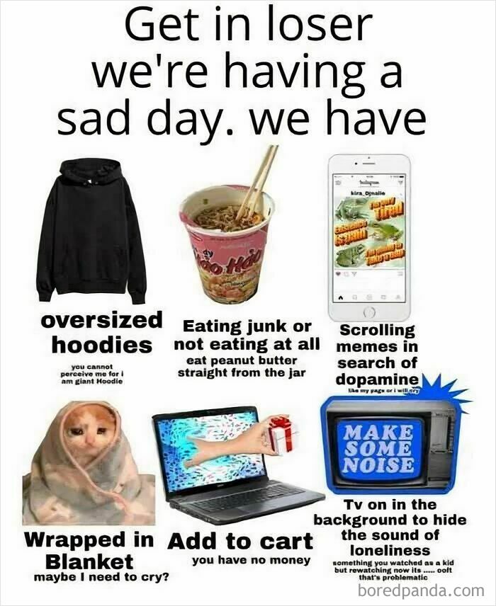 Meme collage showing oversized hoodies, junk food, scrolling memes, wrapped blanket, online shopping, and TV for funny pics stress relief.