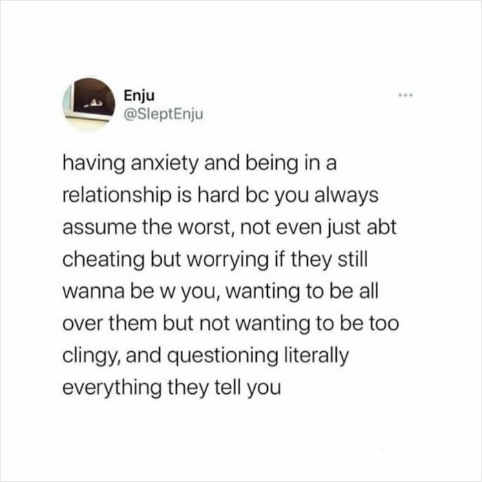 Tweet about anxiety and relationship struggles highlighting women struggles and relatable memes on emotional challenges.