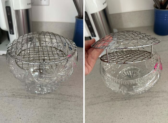 Crystal bowl with a metal grid insert, a bizarre vintage item found in old houses that left everyone confused.