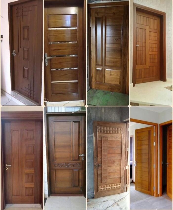 Puertas de madera con diseños variados que demuestran habilidades en proyectos de carpintería artesanal.