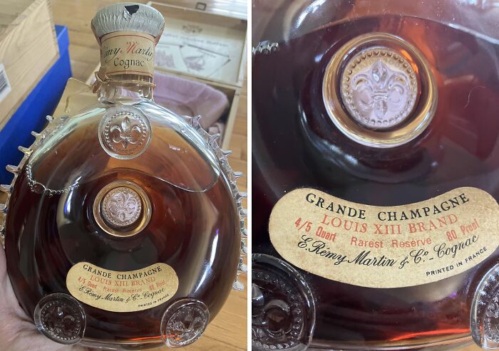 Rare Louis XIII Grande Champagne cognac bottle found in an old house, intriguing vintage collectible item discovery.