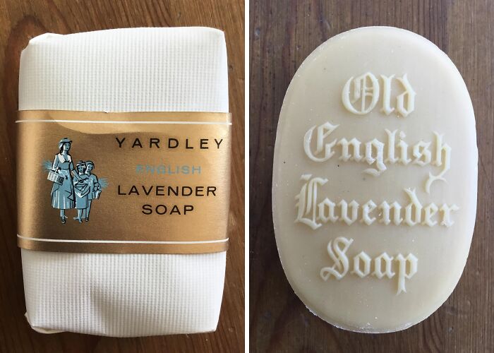 Vintage Yardley English lavender soap bar found in an old house, a bizarre item that left everyone confused.