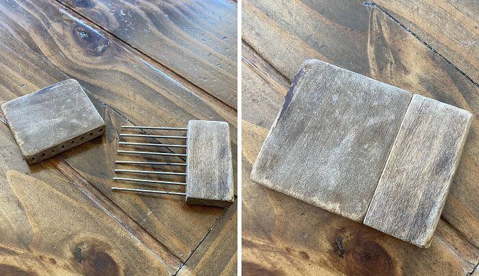 Vintage wooden first prize string beans holder with metal prongs, an unusual item found in an old house collection.