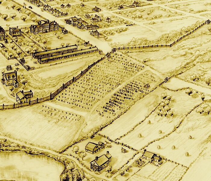 Sepia-toned drawing of a historical village and farmland showing bizarre historical artifacts and old structures.