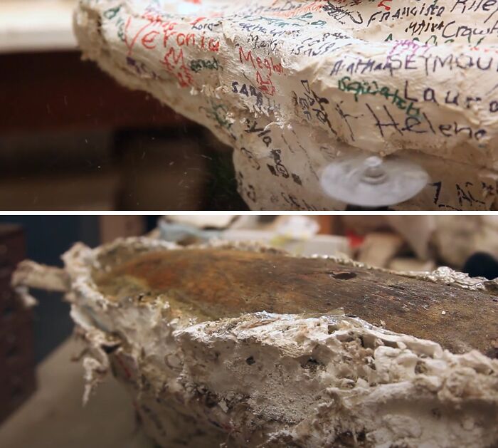 Close-up views of a bizarre historical artifact covered in names and aged material, showcasing unusual history details.