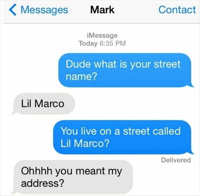 Text message exchange showing a funny misunderstanding about a street name in hilariously random posts to brighten your day.