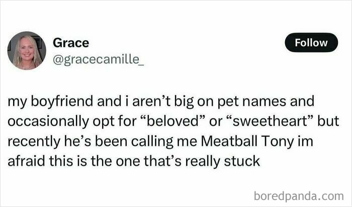 Funny social media post about pet names featuring a boyfriend calling his girlfriend Meatball Tony in random posts.