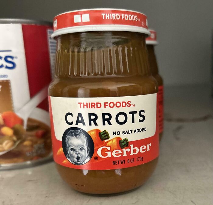 Jar of Gerber carrot baby food on a shelf, an unusual find related to first prize string beans in old houses.