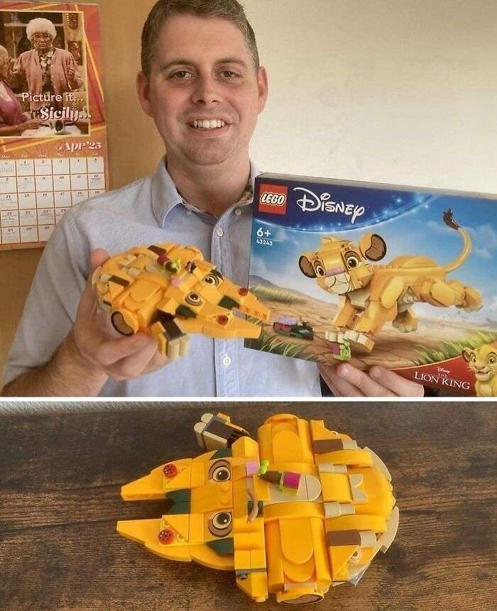 Man holding a chaotic meme LEGO Lion King set, with a mismatched built figure resembling a flattened lion toy.