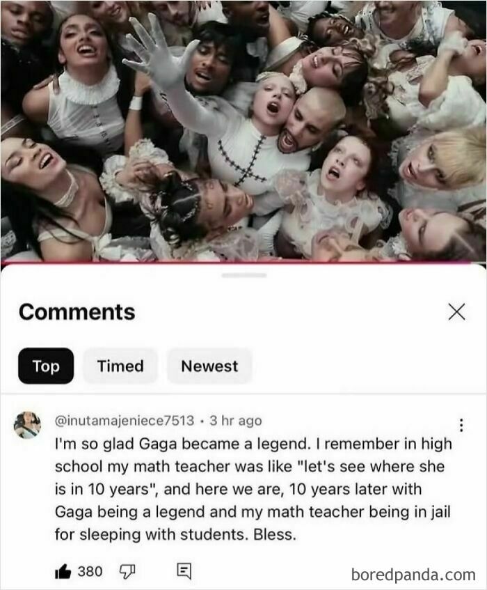 Chaotic meme comment about Lady Gaga becoming a legend while recalling a high school math teacher scandal.
