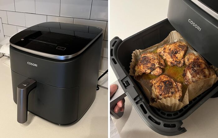 Black Cosori air fryer on kitchen counter and cooked chicken thighs inside showing Amazon Memorial Day Sale finds.