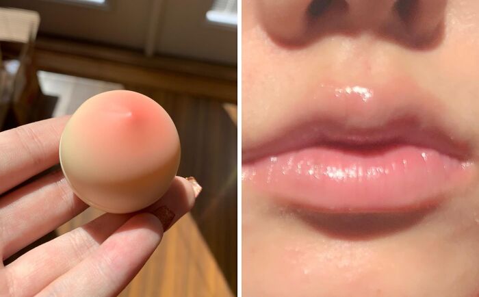 A hand holding a peach-shaped lip balm next to a close-up of smooth, moisturized lips from the Amazon Memorial Day Sale.