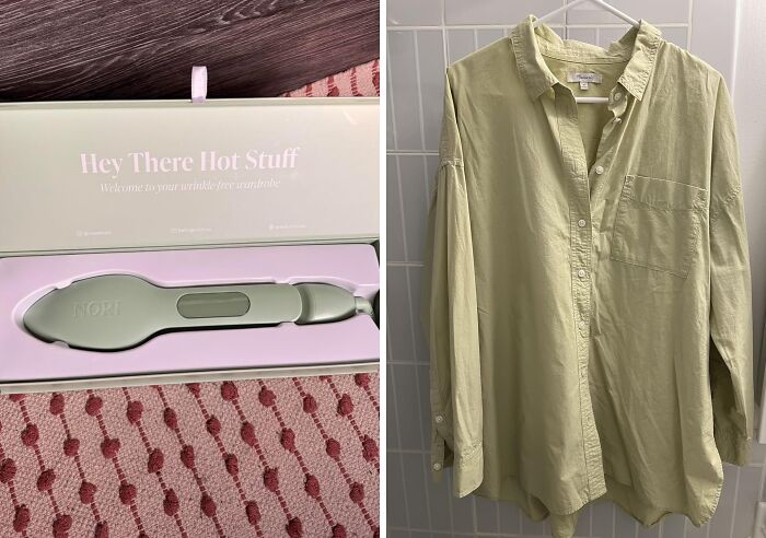 Wrinkle-free fabric steamer in packaging next to a light green wrinkled shirt hanging on a tiled wall.