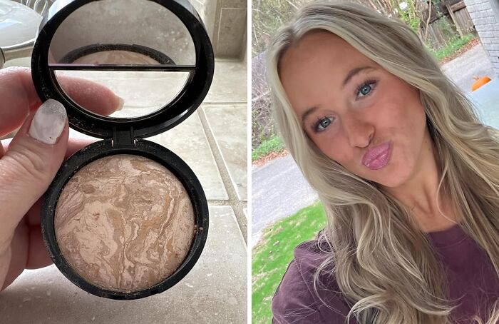 Hand holding marbled makeup compact next to a woman with long blonde hair outdoors, highlighting Amazon Memorial Day sale finds.