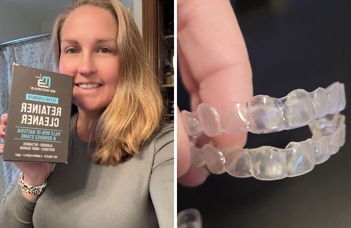 Woman holding a teeth retainer cleaner box and a close-up of clear dental retainers for Amazon Memorial Day Sale finds.
