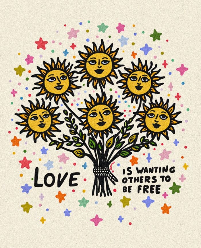 Illustration of sunflowers with human faces surrounded by colorful stars, expressing vulnerable thoughts in art therapy.