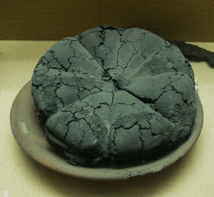 Ancient charred bread artifact displayed on a plate, showcasing a bizarre historical artifact from the past.