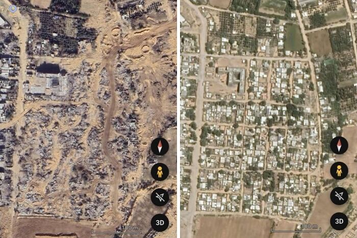 Aerial view showing a striking comparison of two landscapes found on Google Earth with odd features.