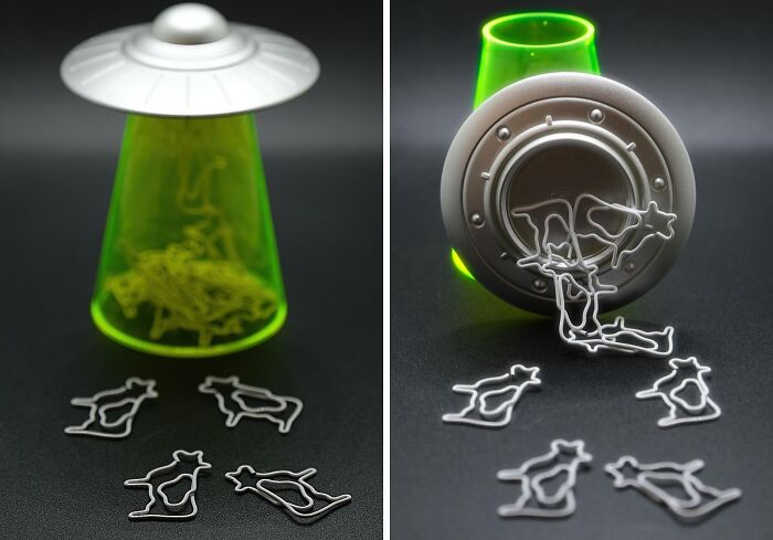 Alien UFO office desk accessory with cow-shaped funny paper clips, a quirky personality transplant for your office space.