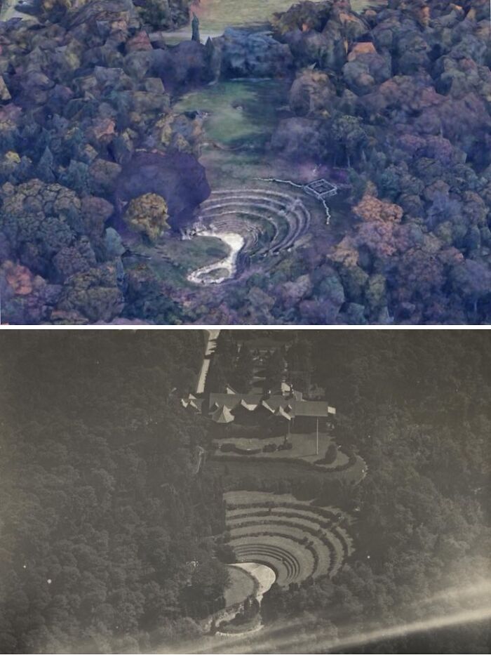 Aerial view of a unique amphitheater surrounded by forest, showcasing an odd discovery on Google Earth.