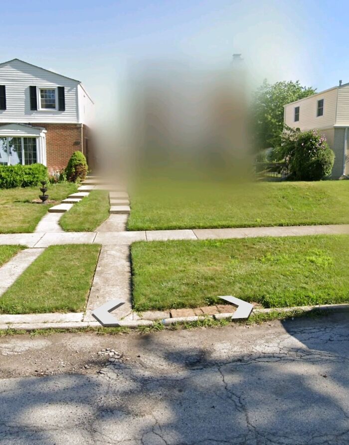Blurred house on a residential street captured in Google Earth showing one of many odd things found and shared online.