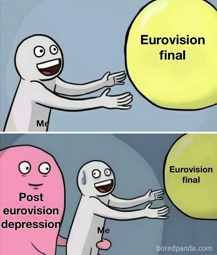 Cartoon meme showing excitement for Eurovision final and then facing post Eurovision depression with humor.