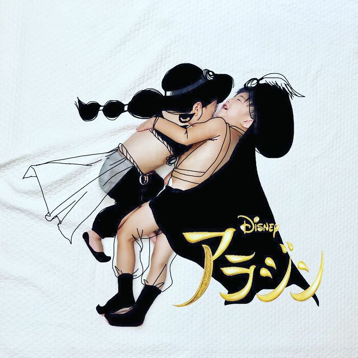 Japanese father of two creatively draws on his kids’ photos, turning them into adorable Disney-themed art.
