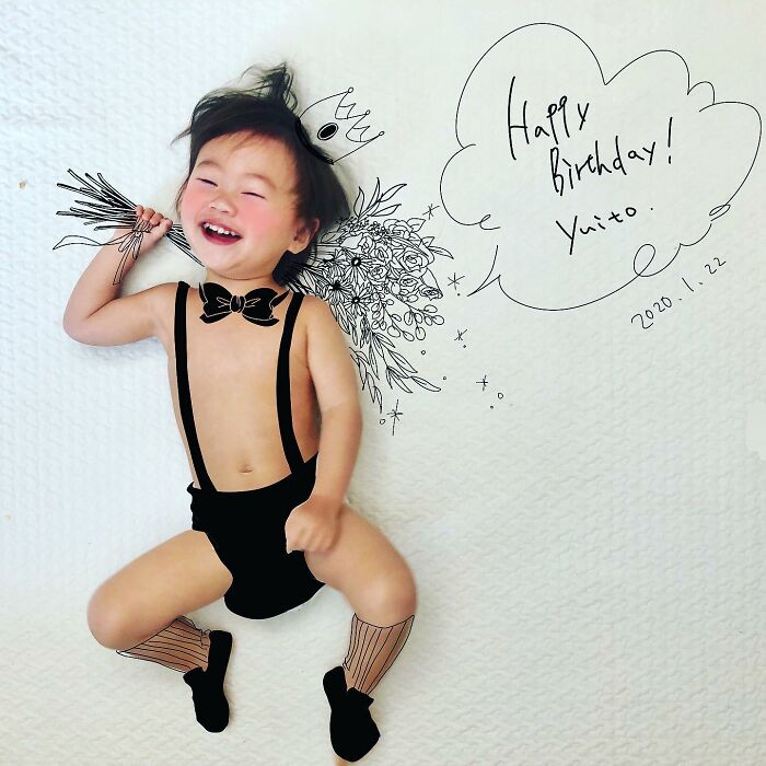 Japanese father of two creatively draws on his kids’ photos, turning them into adorable playful artworks.