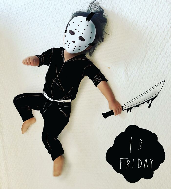 Child photo creatively enhanced by Japanese father with hand-drawn mask and knife, showcasing adorable kids’ photo art.