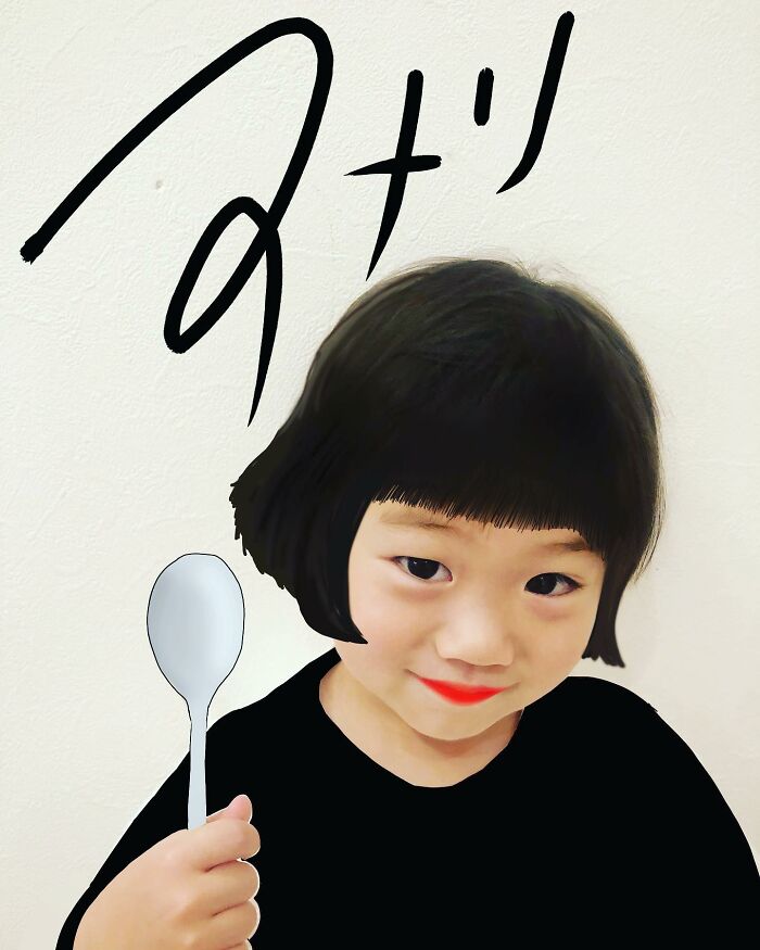 Japanese father of two creatively draws on his kids’ photos, enhancing portraits with adorable digital illustrations.