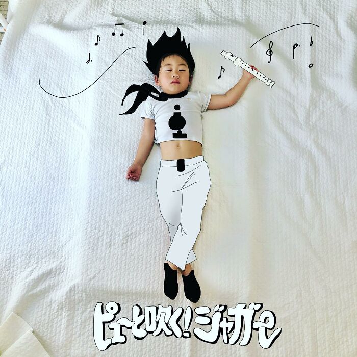 Japanese father of two creatively draws on his kids’ photos, turning them into adorable artistic scenes.