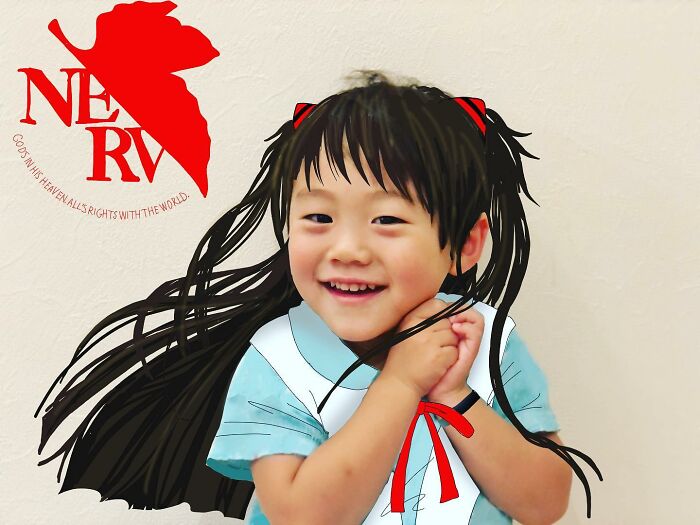 Japanese father of two creatively draws anime-style illustrations on his kids’ photos, resulting in adorable images.