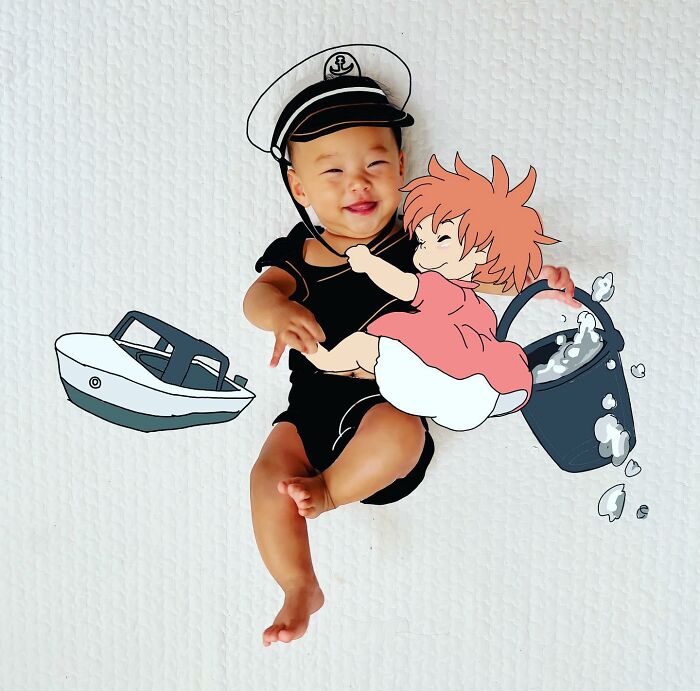 Japanese father of two draws on kids photos, creating adorable scenes with animated characters and playful elements.