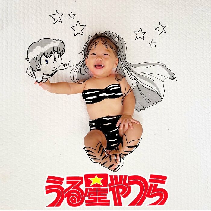 Japanese father of two draws on his kids’ photos, transforming a baby into a playful anime character with stars and stripes.