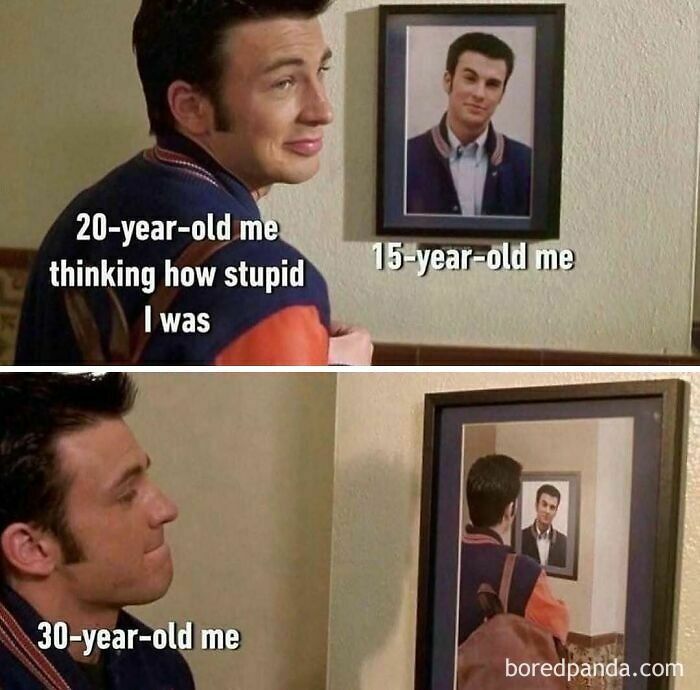 Man nostalgically reflecting on his younger self in framed photos, evoking 90s nostalgia and retro memories.