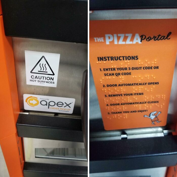 Automated pizza pickup portal with caution hot surface warning, showing potentially dangerous design features in public use.