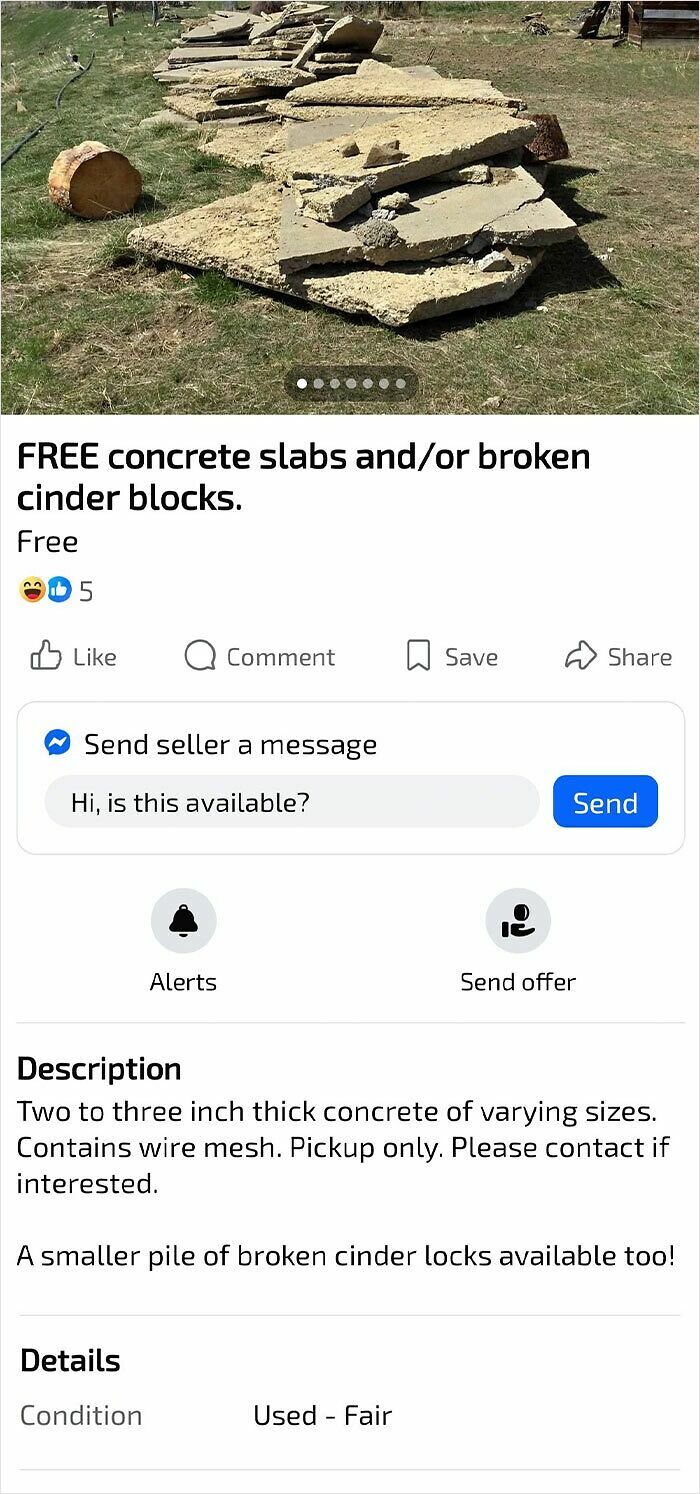 Pile of broken concrete slabs and cinder blocks for sale on Facebook Marketplace in a grassy outdoor area.