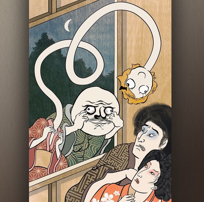 Japanese artwork blending 1800s style with modern internet memes featuring surreal characters in a traditional setting at night.