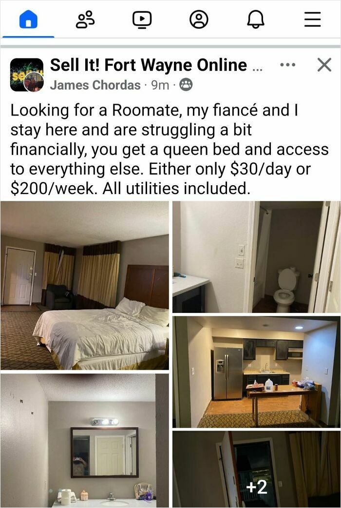 Room for rent listing with queen bed and kitchen, one of the wildest things people found for sale on Facebook Marketplace