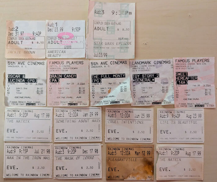 Collection of vintage movie tickets displayed on a table showcasing unusual collections people have in their homes