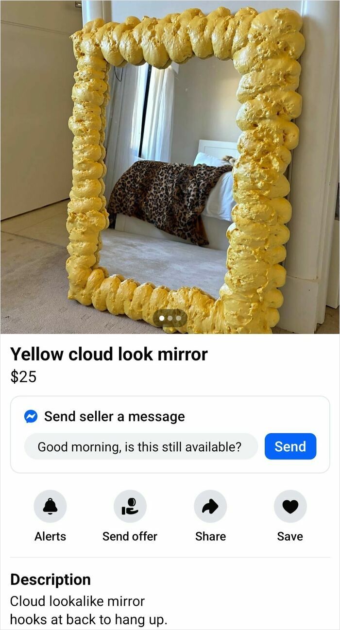 Yellow cloud look mirror with textured frame, one of the wildest things found for sale on Facebook Marketplace.