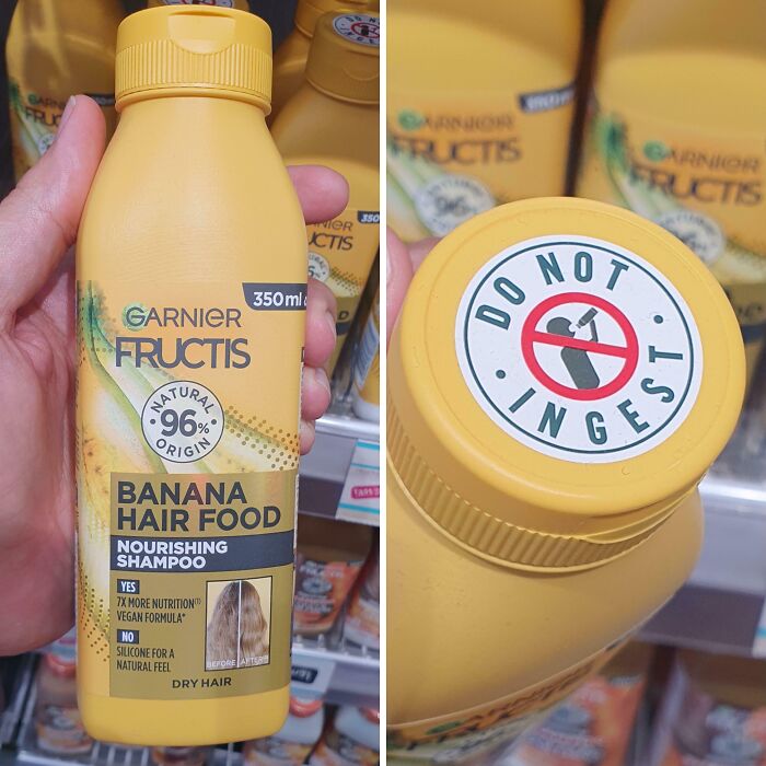 Yellow shampoo bottle with a do not ingest warning label, illustrating one of the dangerous designs considered death traps.
