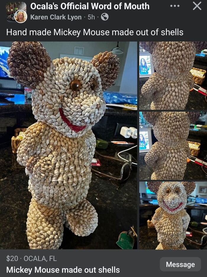 Handmade Mickey Mouse figure crafted from shells, a wild and unusual item found for sale on Facebook Marketplace.