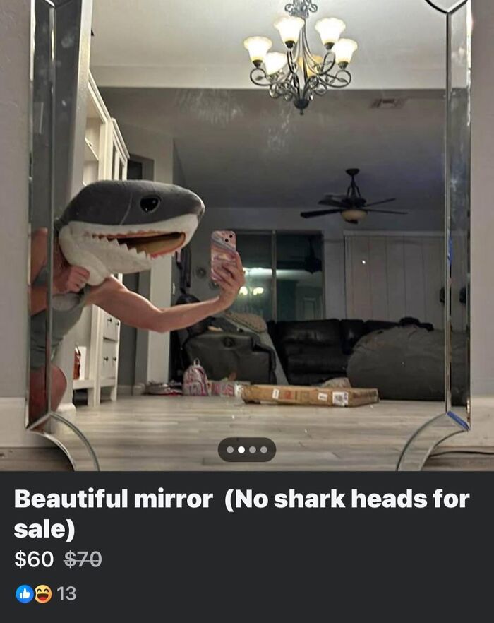 Person wearing a shark head taking a selfie in a large mirror listing on Facebook Marketplace wildest things found for sale.
