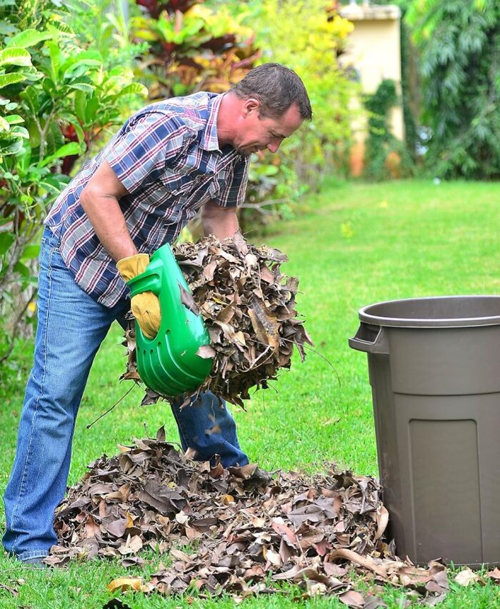 Man using garden tools to collect dry leaves in yard, showcasing solutions for garden tiny tantrums and maintenance.