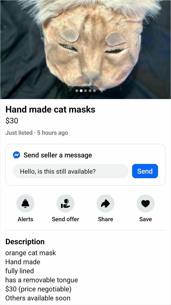 Hand made cat mask for sale on Facebook Marketplace, unique wild item with removable tongue and fully lined design.