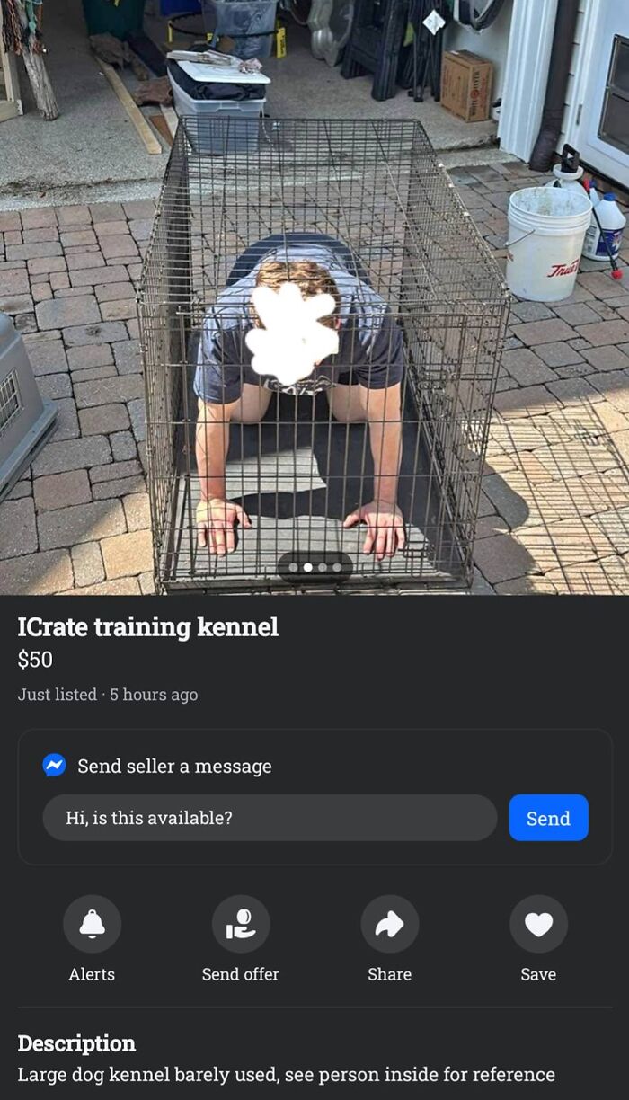 Person inside large dog kennel listed among wildest things found for sale on Facebook Marketplace.