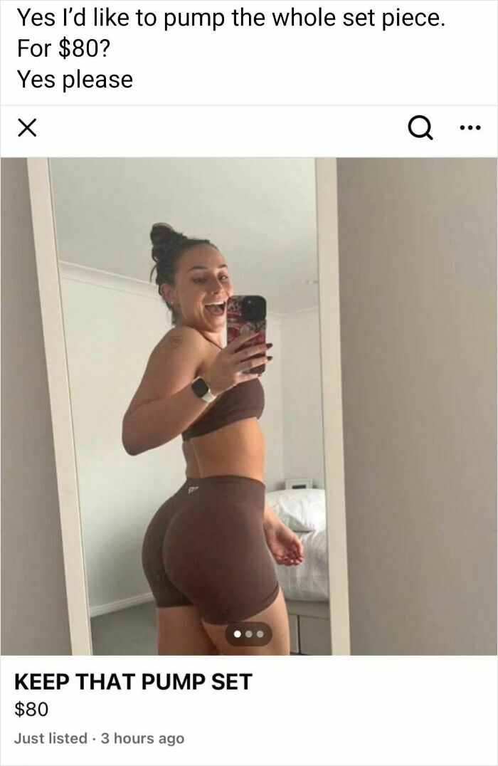 Woman in brown workout set taking a mirror selfie listing wildest things found for sale on Facebook Marketplace.