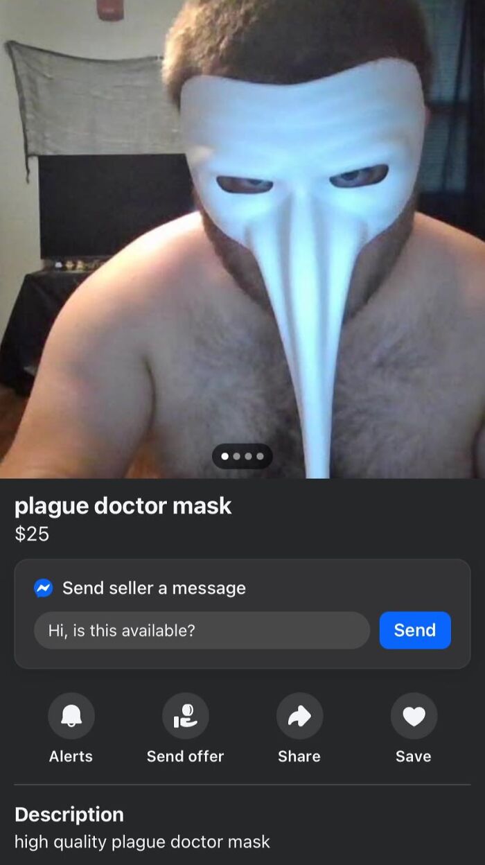 Man wearing a long-nosed plague doctor mask listed for sale on Facebook Marketplace among wildest finds.